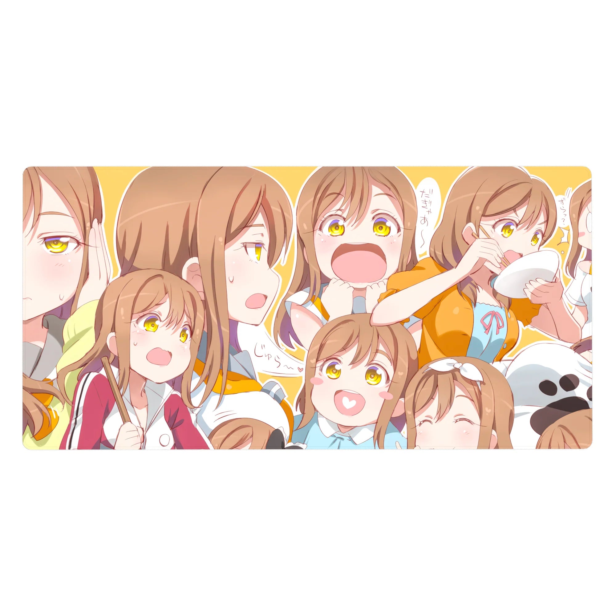 Anime girl desk pad 40x20 inches with collage of cute expressions, sporty jacket, clean linework.
