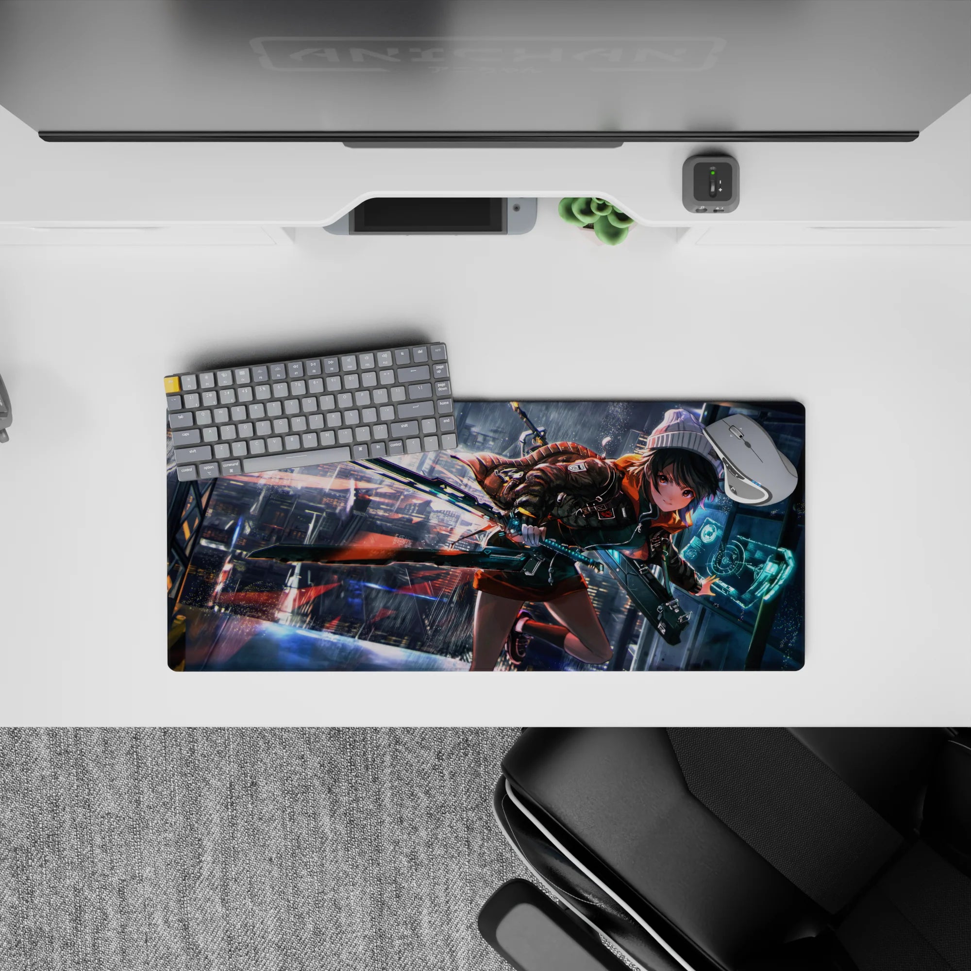 Neon rain vibe anime girl mouse pad 28x12 inches in orange, teal glow, and glossy reflections.