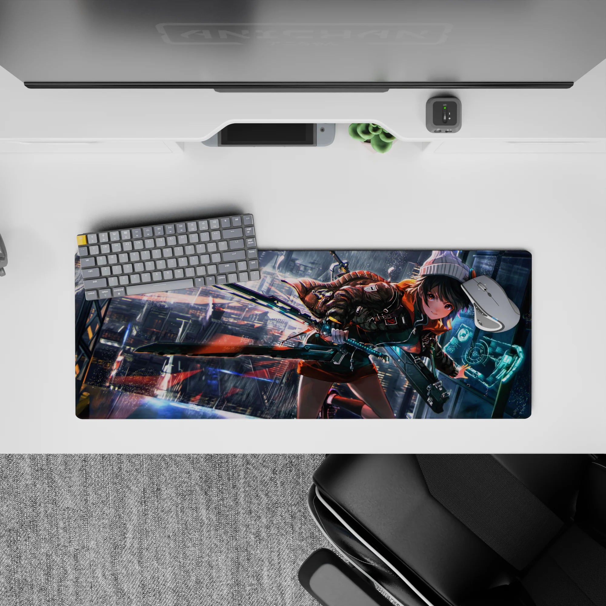32x12 inches anime desk mat in teal neon and orange hoodie tones, cyberpunk rain glow and sleek reflections.