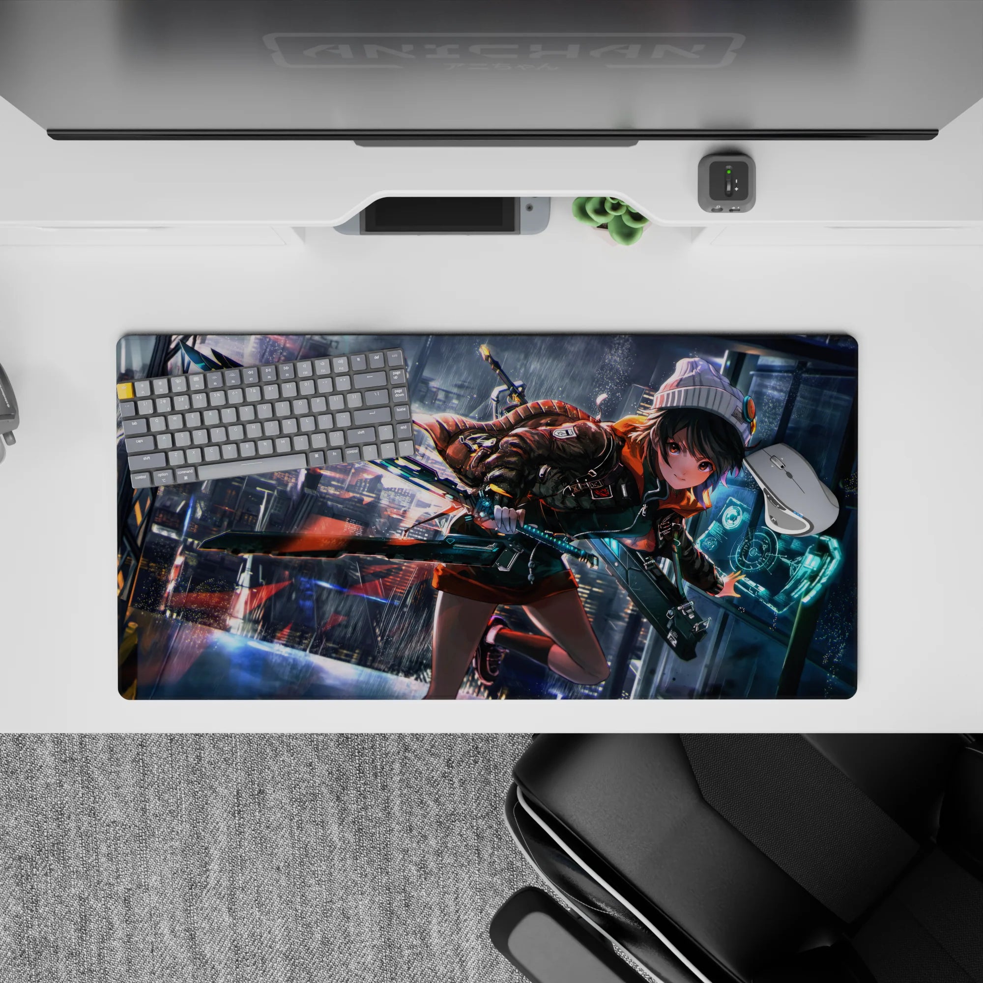 Neon rain city glow anime girl mouse pad 32x16 inches in teal and orange with slick metallic reflections.