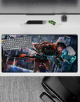 Neon rain city glow anime girl mouse pad 32x16 inches in teal and orange with slick metallic reflections.