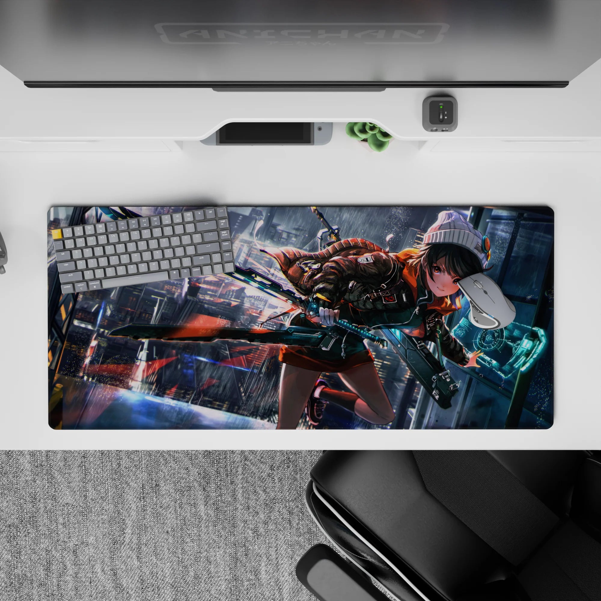 Cyberpunk anime desk pad 36x16 inches in teal and orange, rainy neon lights, fast futuristic vibes.