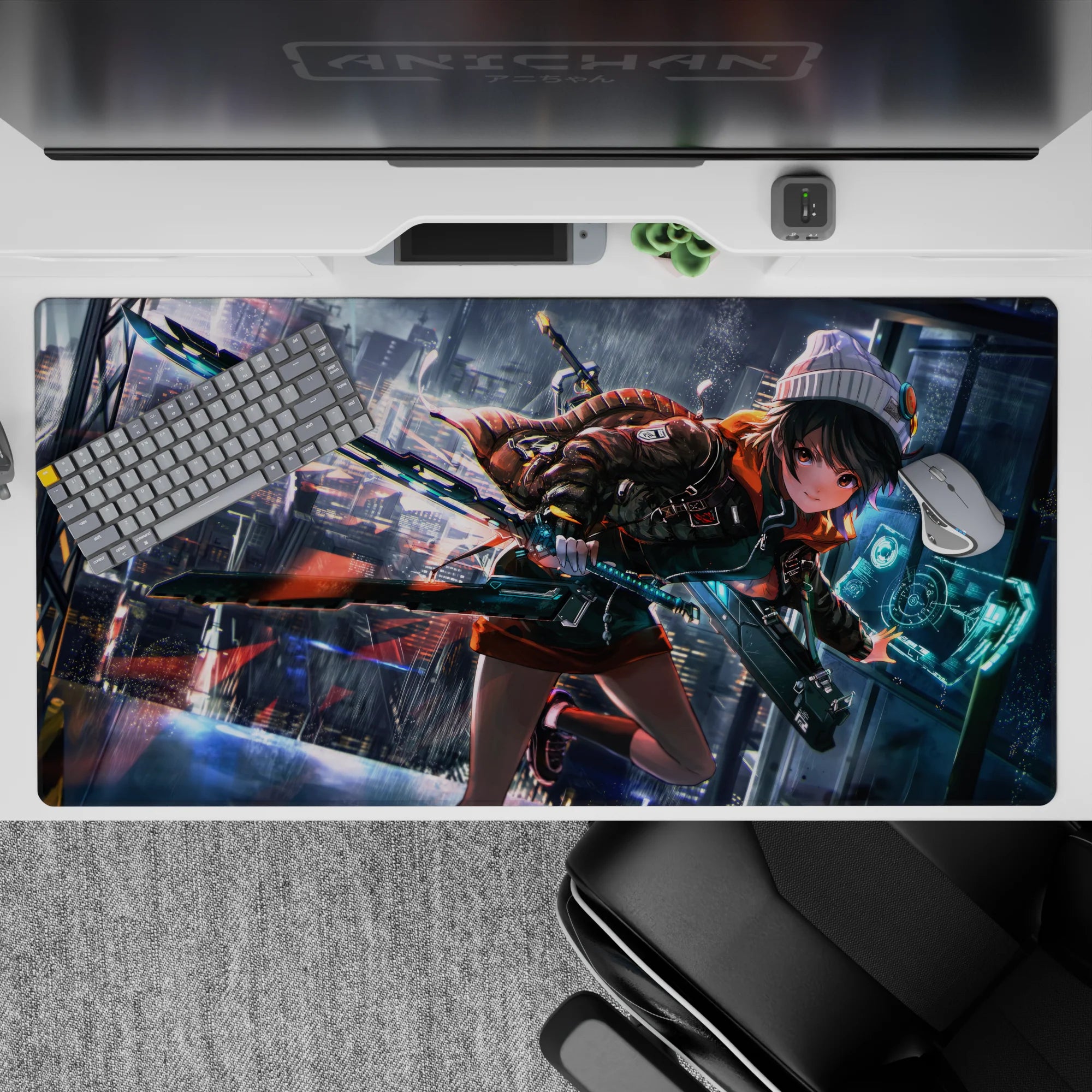 40x20 inches anime desk pad in neon rain glow, orange hoodie pops, teal blade, futuristic HUD vibes.