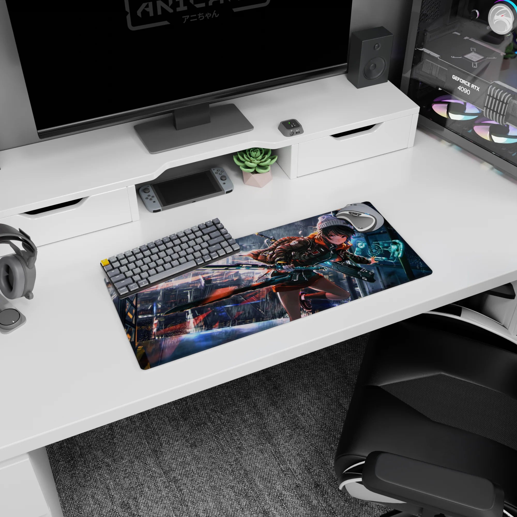 Fearless beanie girl sprinting with a massive teal sci-fi sword on a 28x12 inches anime mouse pad.