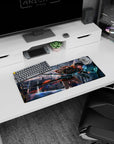 Fearless beanie girl sprinting with a massive teal sci-fi sword on a 28x12 inches anime mouse pad.