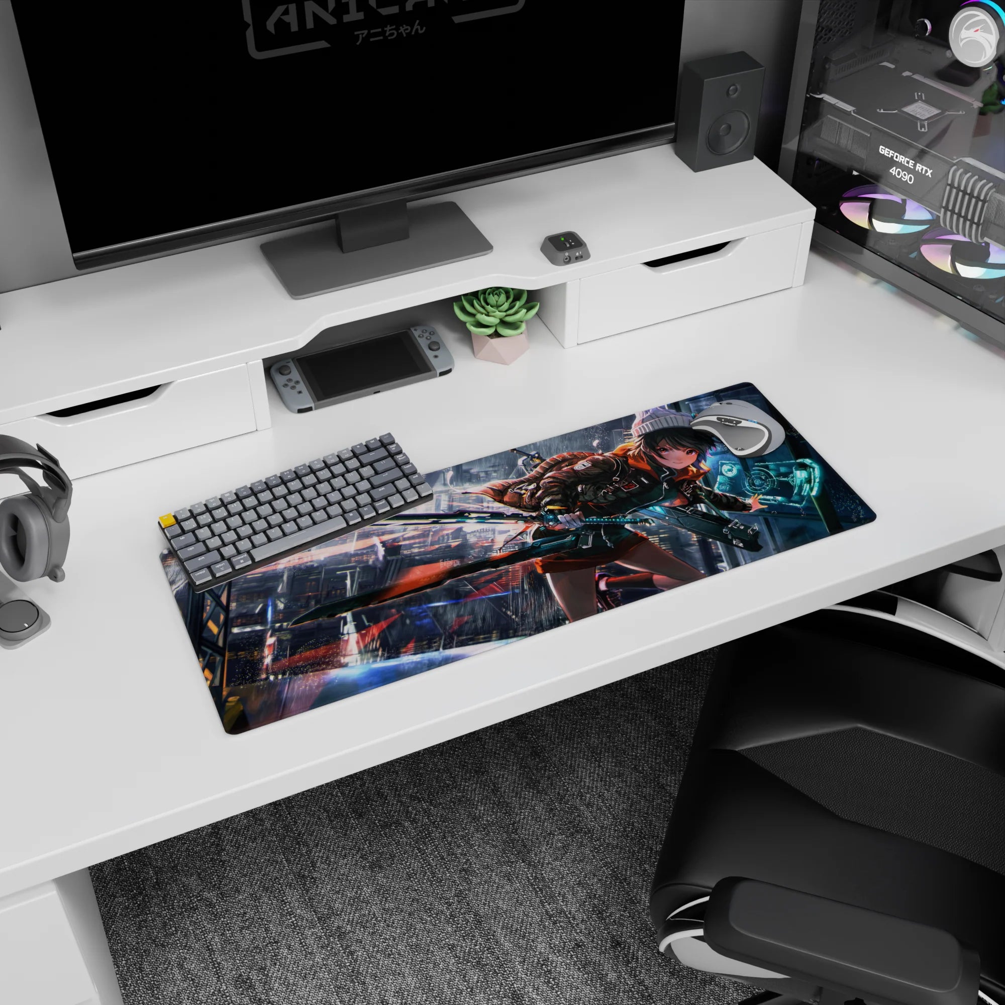32x12 inches mouse pad showing a beanie-wearing anime girl sprinting with a huge blade beside a glowing HUD.