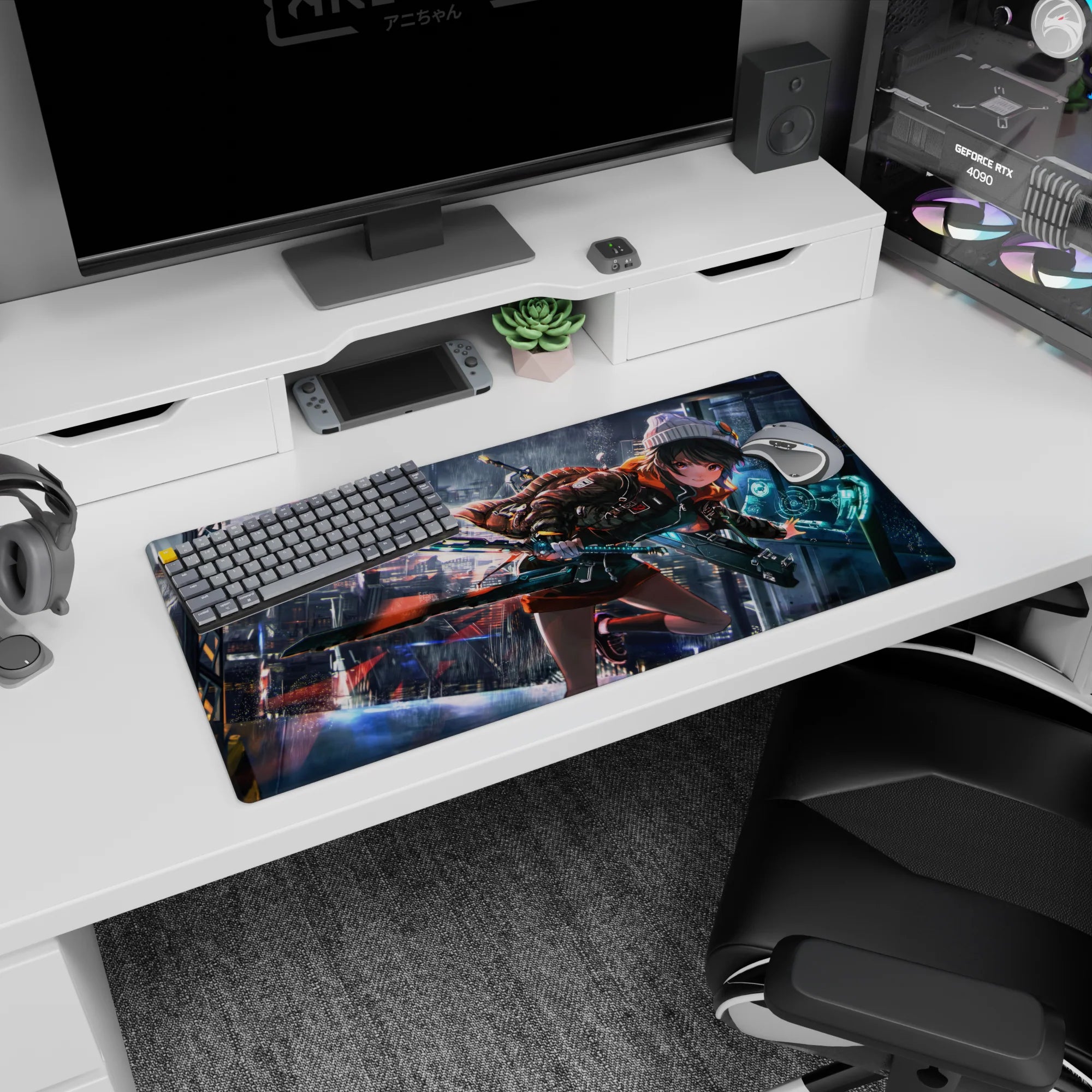 Determined anime runner with teal sci-fi sword and flickering HUD, anime girl mouse pad 32x16 inches.