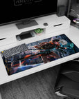 36x16 inches anime girl desk pad showing a beanie runner in orange hoodie with a huge teal sword.