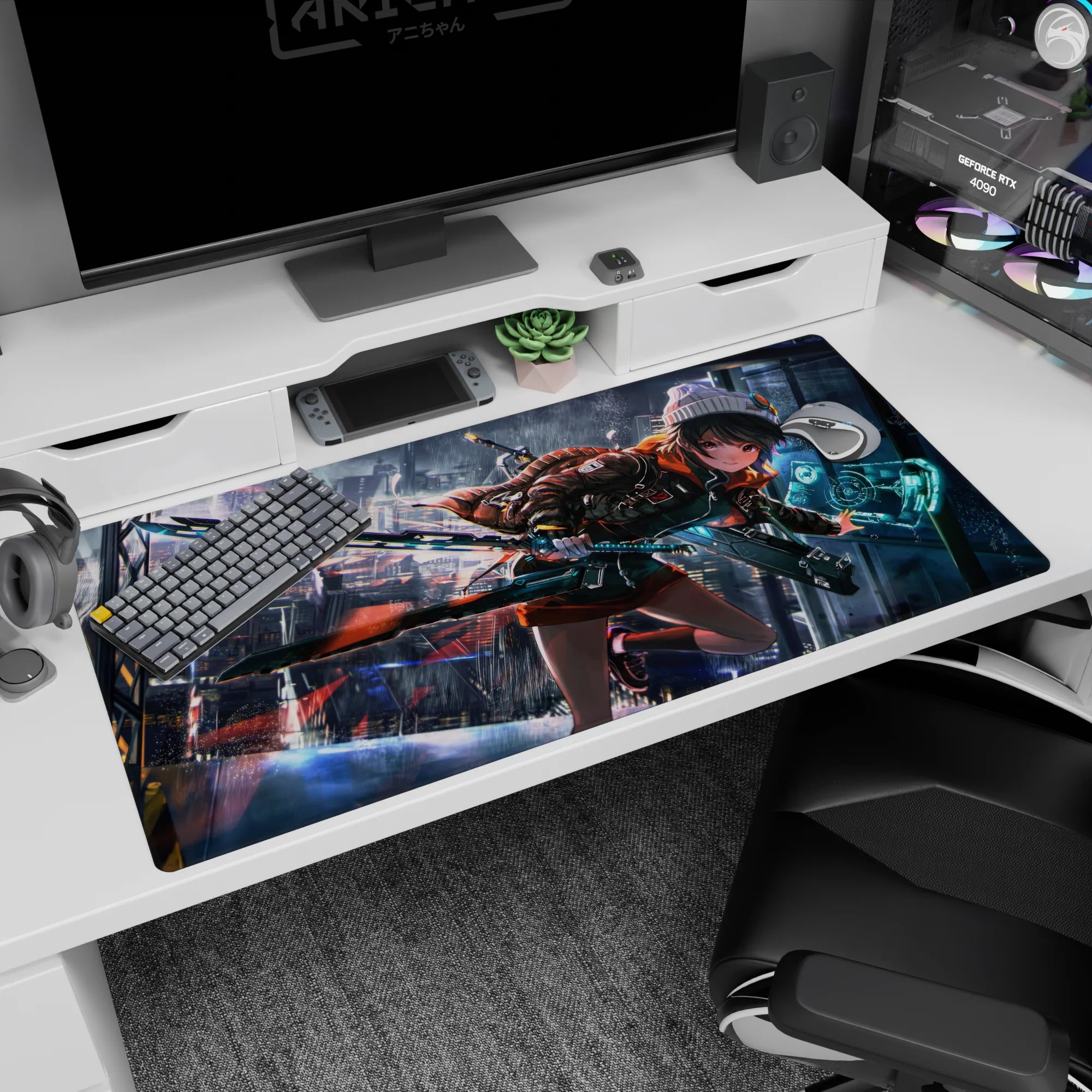 Anime girl sprinting in a rainy neon city on a 40x20 inches desk pad, with HUD panel and giant blade.
