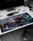 Anime girl sprinting in a rainy neon city on a 40x20 inches desk pad, with HUD panel and giant blade.