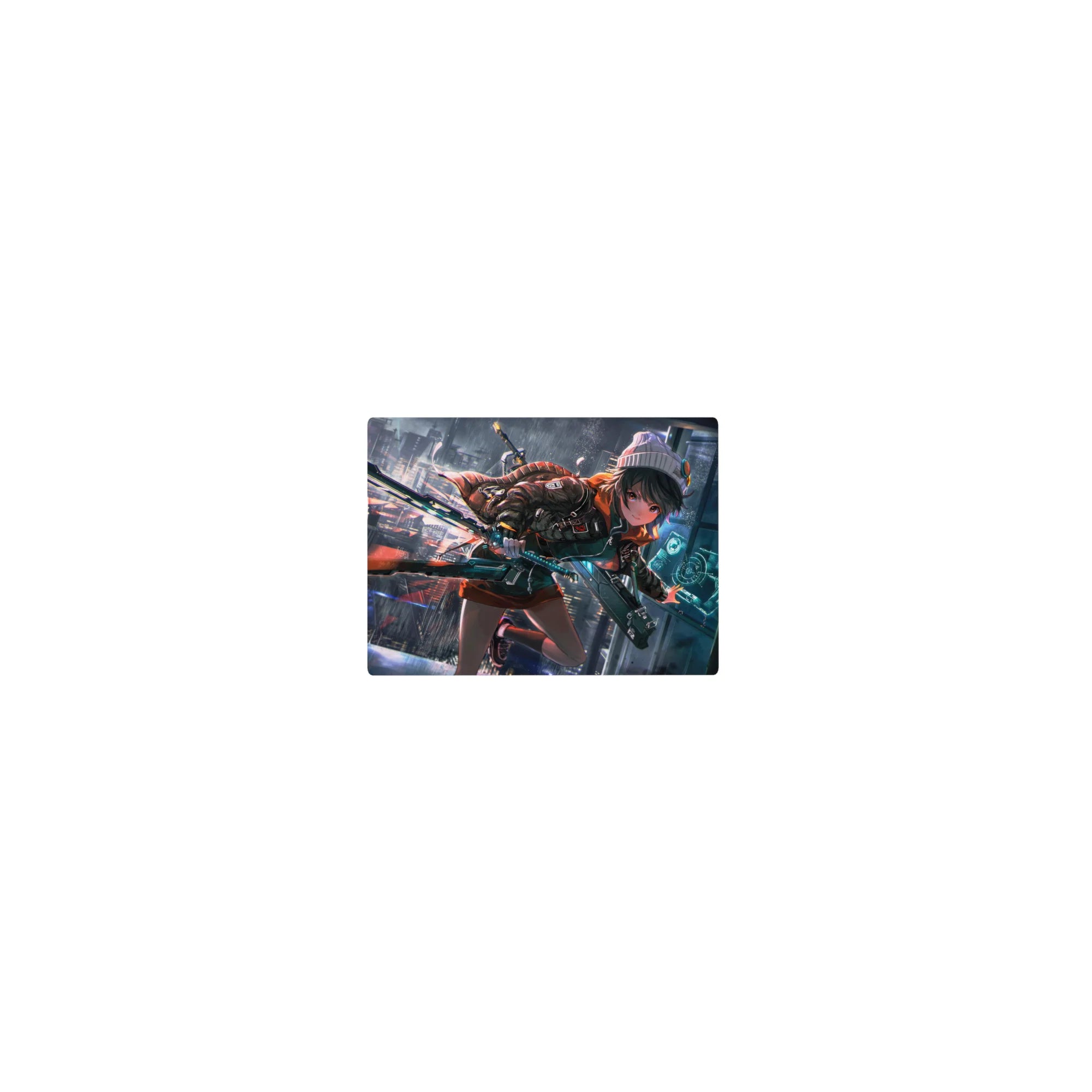 Classic anime girl mouse pad 14x10 inches with neon cyberpunk city, orange hoodie, and teal sci-fi sword.