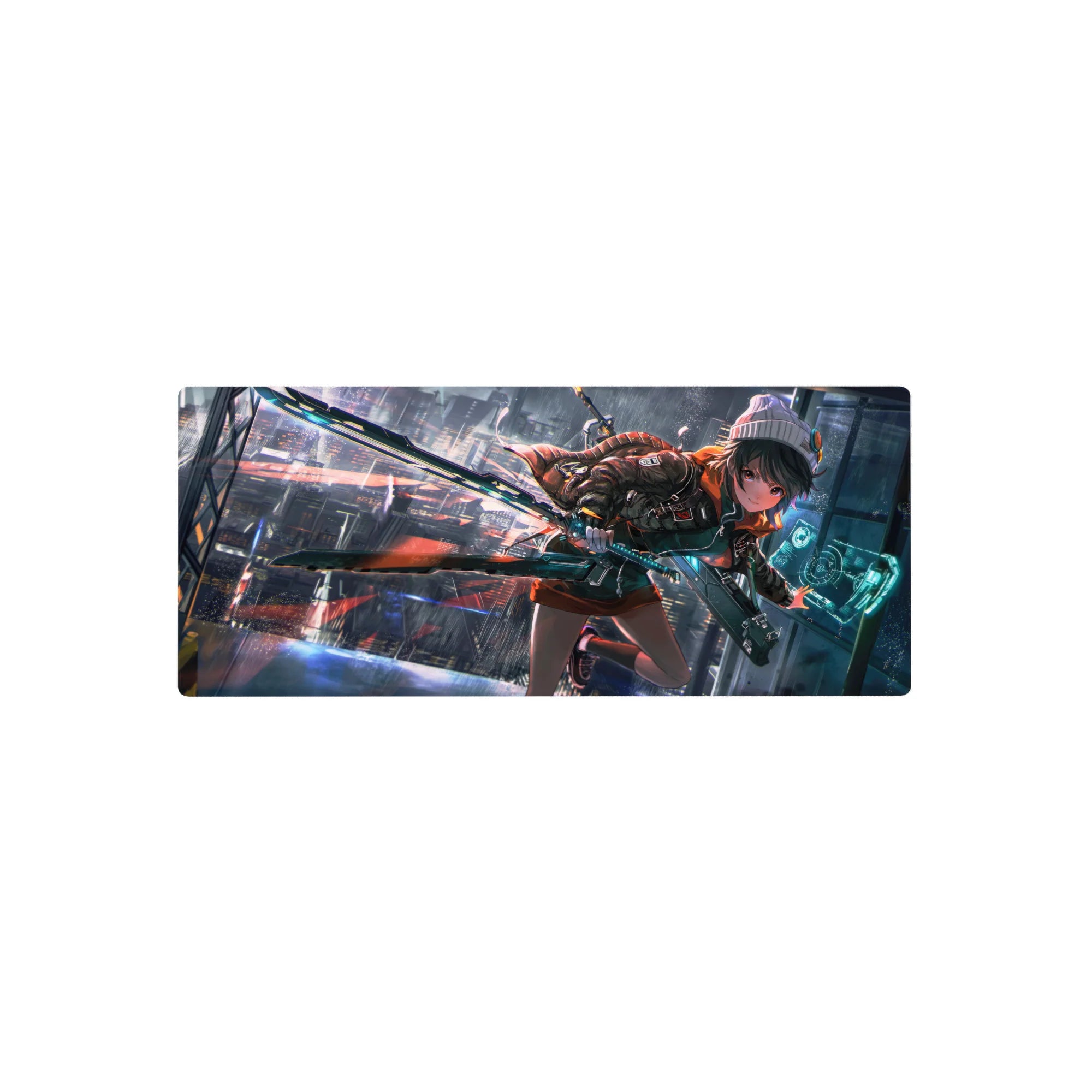 Anime girl mouse pad 28x12 inches with cyberpunk city lights, HUD panel, and sci-fi blade.