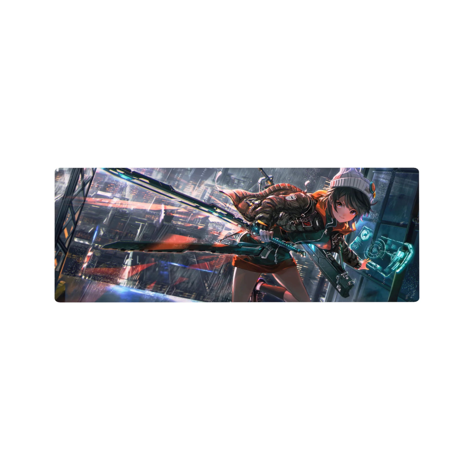 32x12 inches anime girl mouse pad with neon city rain, HUD panel, and giant sci-fi blade design.