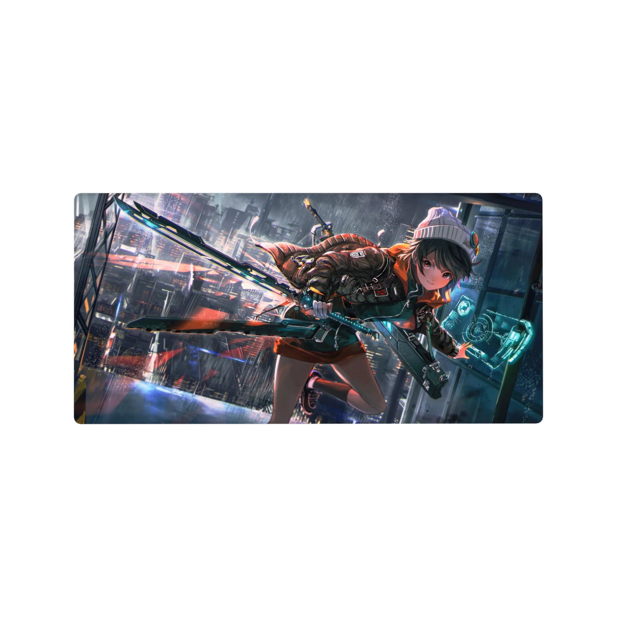 Cyberpunk anime girl mouse pad 32x16 inches with beanie, orange hoodie, HUD panel, and sci-fi blade.
