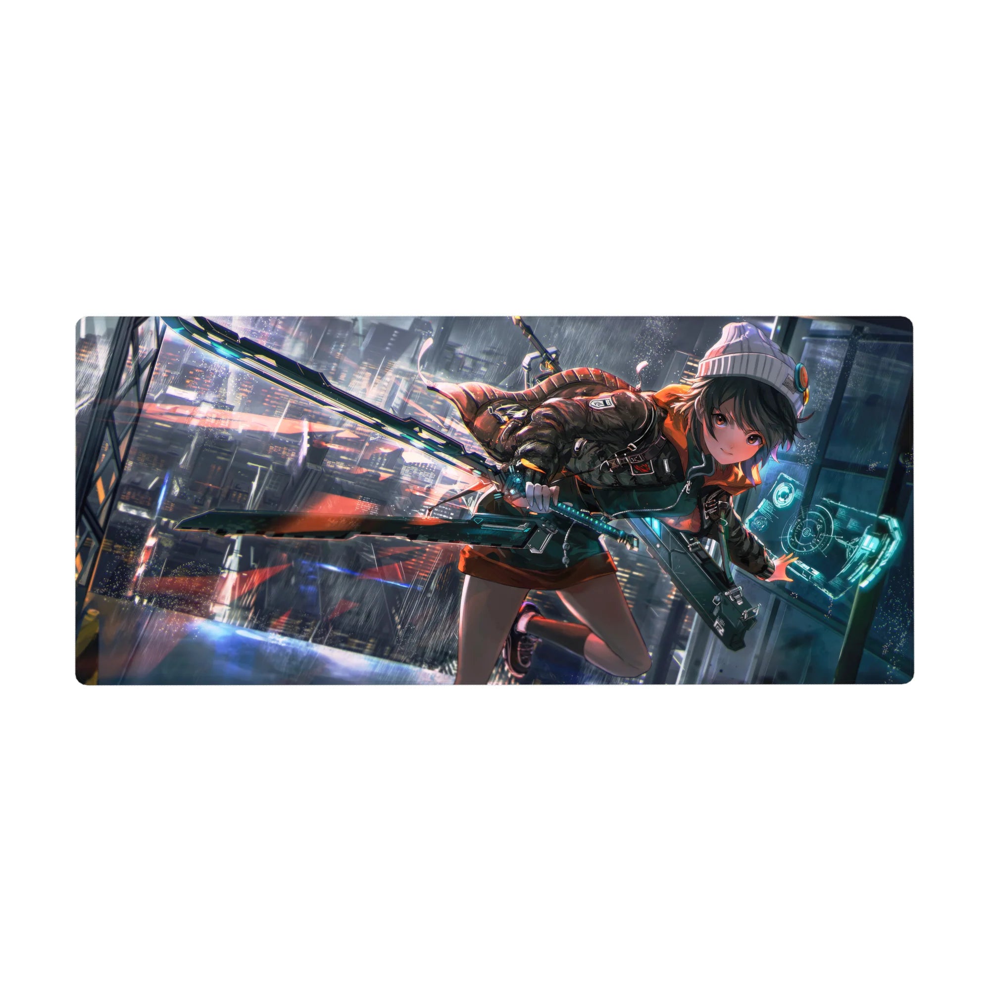 Anime girl desk pad 36x16 inches with neon city rain, sci-fi blade, and glowing HUD cyberpunk art.