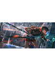 Anime girl desk pad 36x16 inches with neon city rain, sci-fi blade, and glowing HUD cyberpunk art.