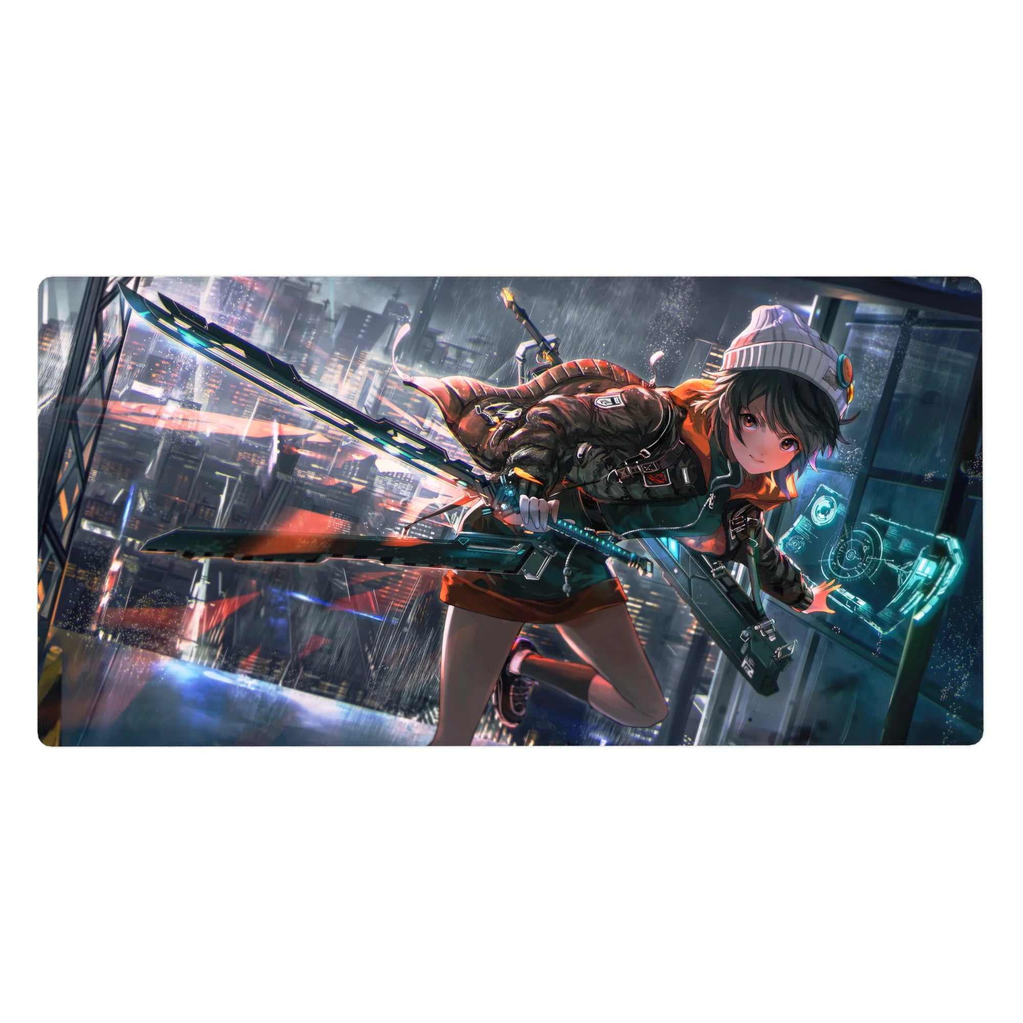 Anime girl desk pad 40x20 inches with neon cyberpunk city, beanie hoodie, and teal sci-fi sword.