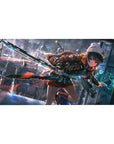 Anime girl desk pad 40x20 inches with neon cyberpunk city, beanie hoodie, and teal sci-fi sword.