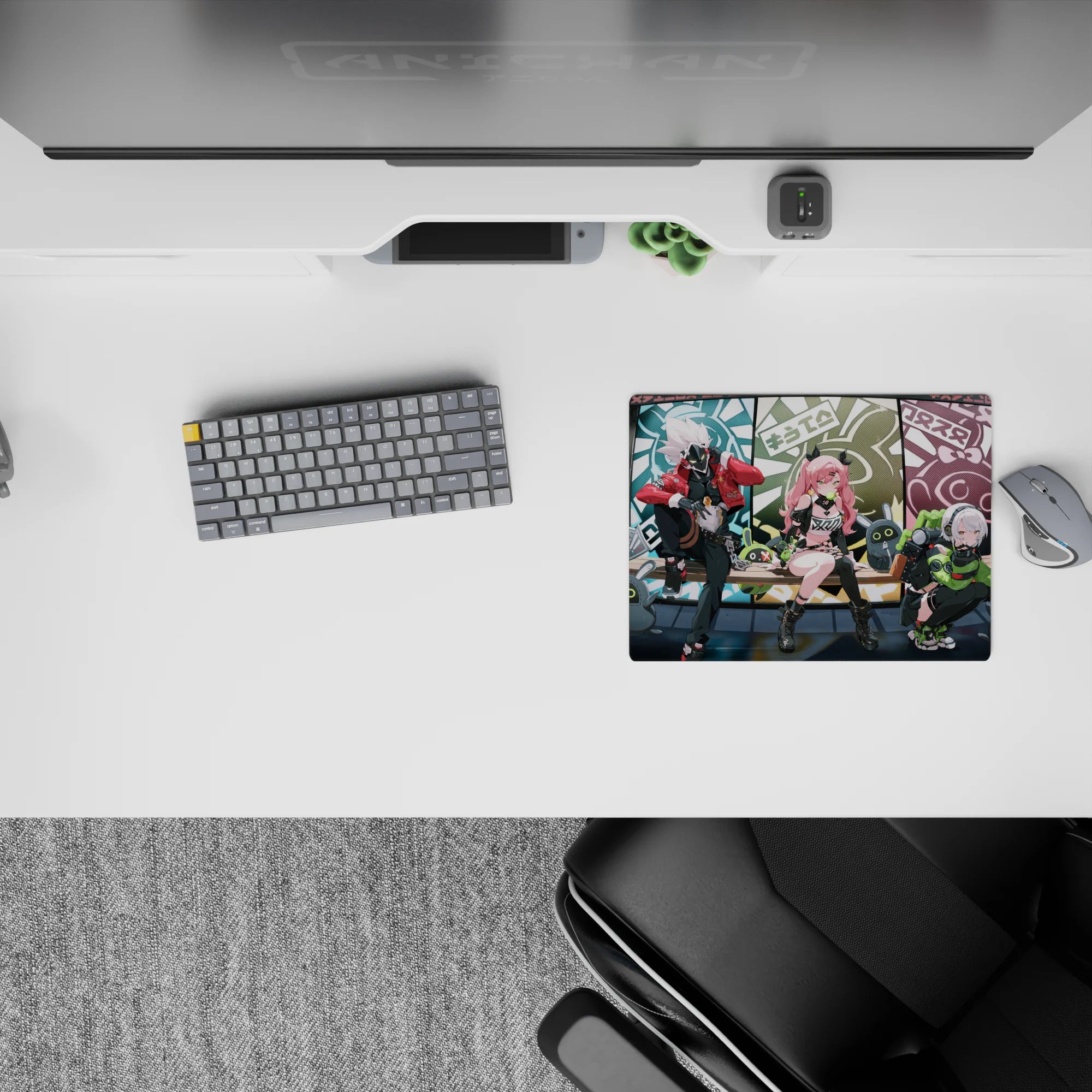 14x10 inches classic anime girl mouse pad in bubblegum pink, teal, olive, and candy red, cute chaos vibe.