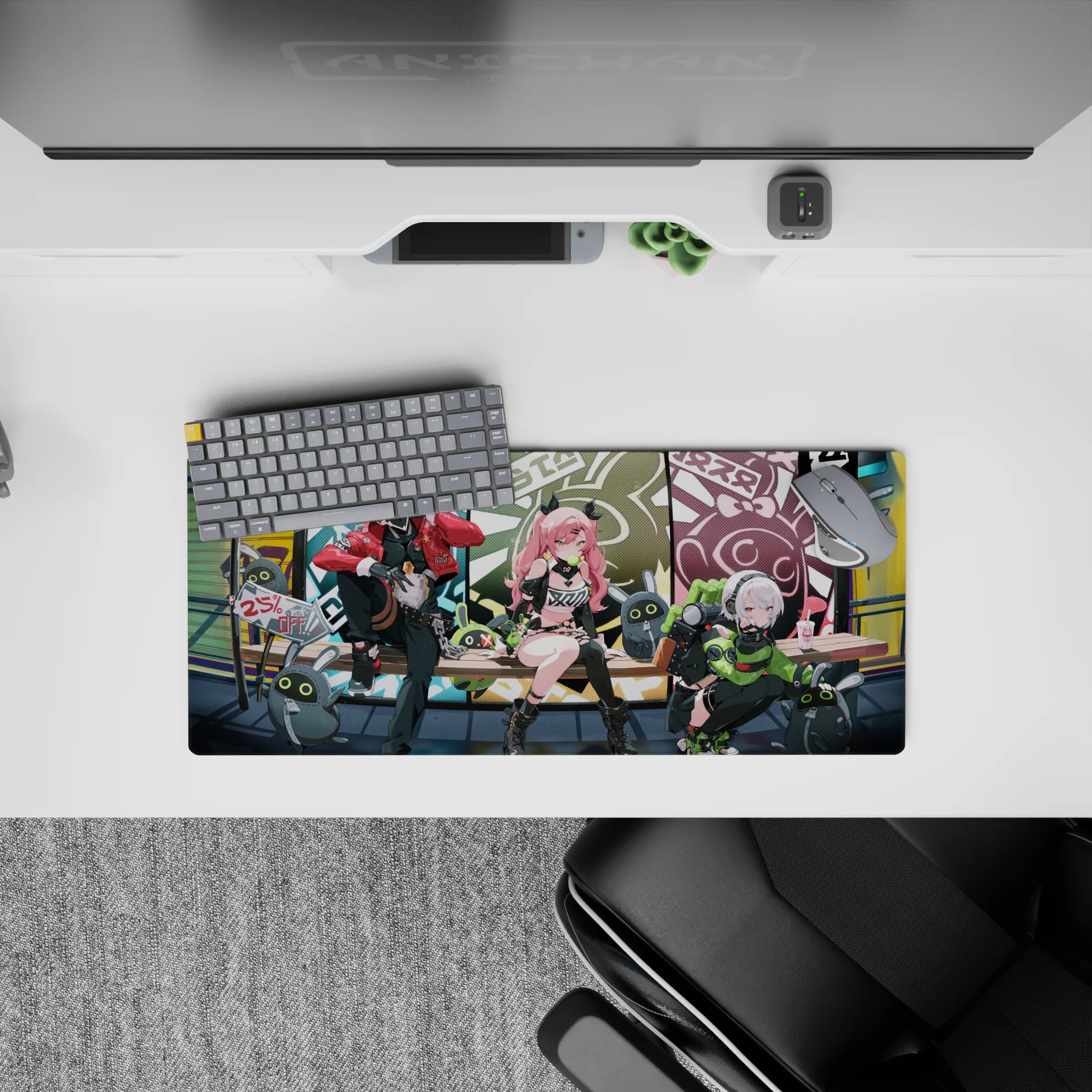 28x12 inches anime mouse pad in bubblegum pink, teal, olive, and candy red with neon street vibes.