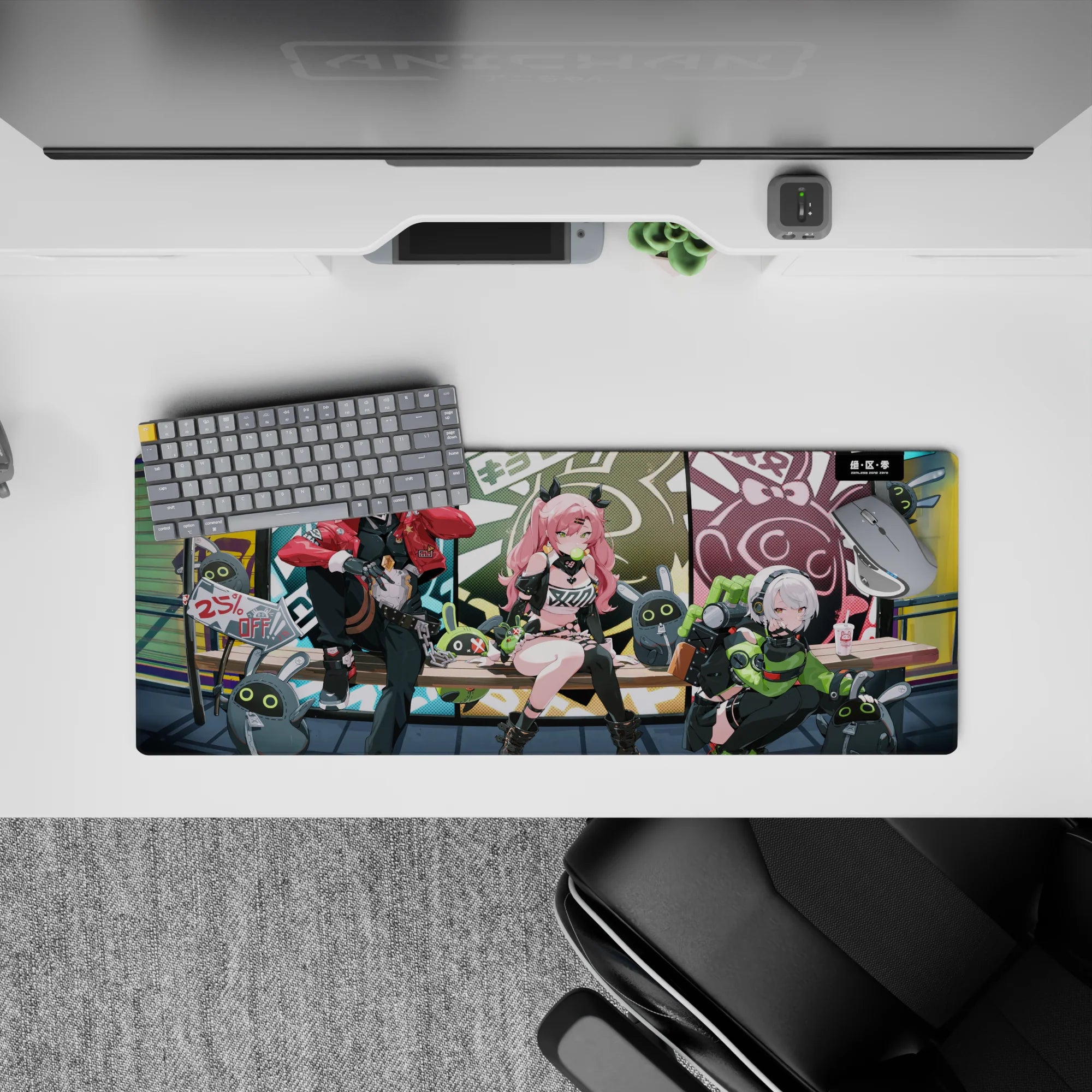 32x12 inches anime mouse pad in bubblegum pink, teal, olive, and candy red for neon street vibes.