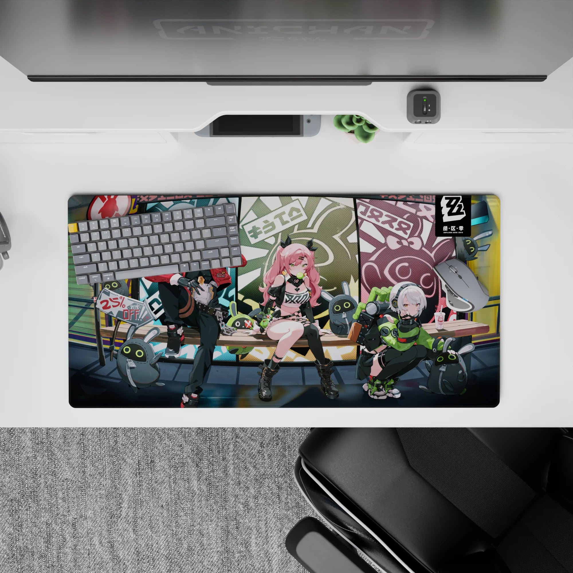 32x16 inches neon street vibe mouse pad in bubblegum pink, teal, olive, and candy red anime art.