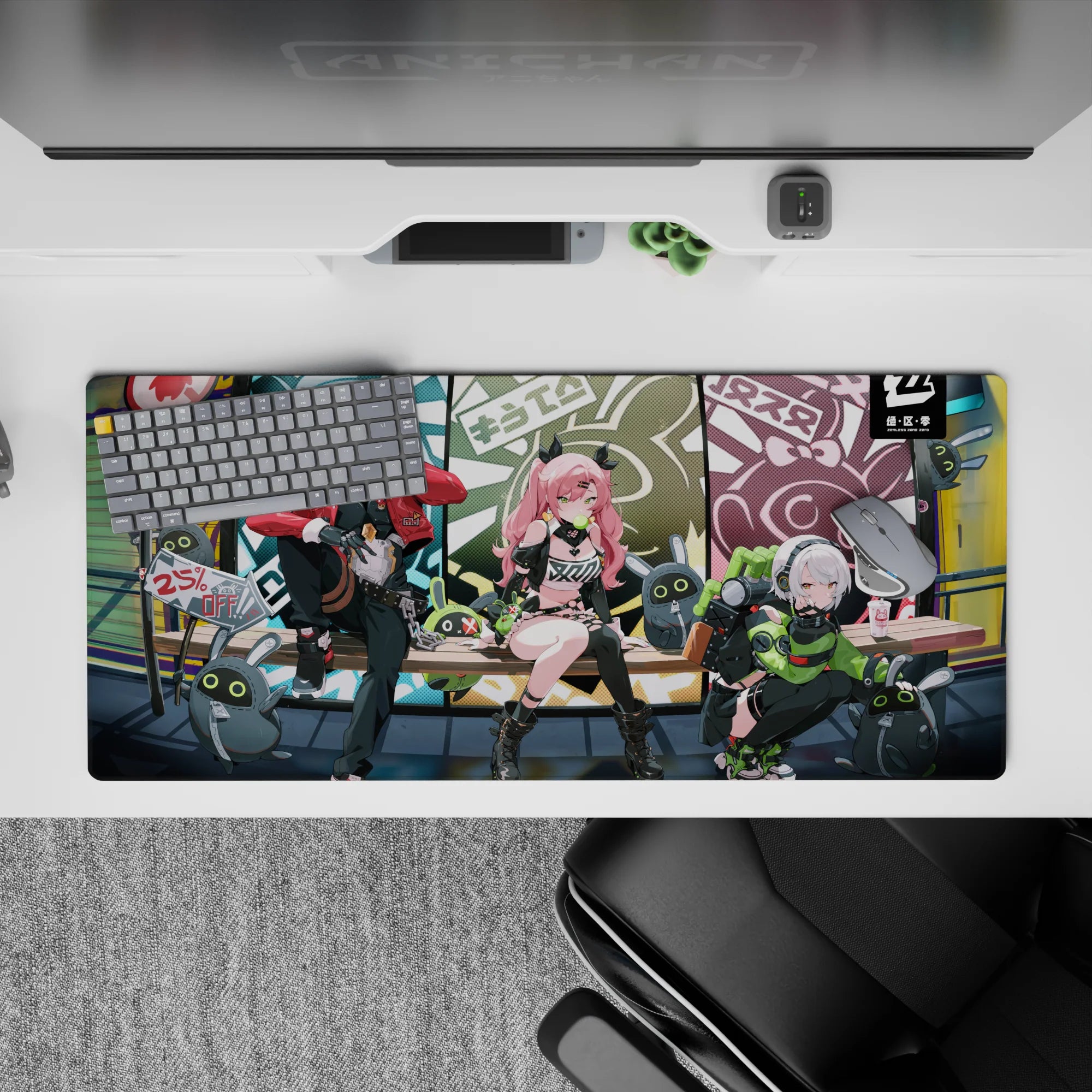 36x16 inches neon cyberpunk desk pad in bubblegum pink, teal, olive and candy red, cute chaotic vibe.