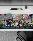 36x16 inches neon cyberpunk desk pad in bubblegum pink, teal, olive and candy red, cute chaotic vibe.