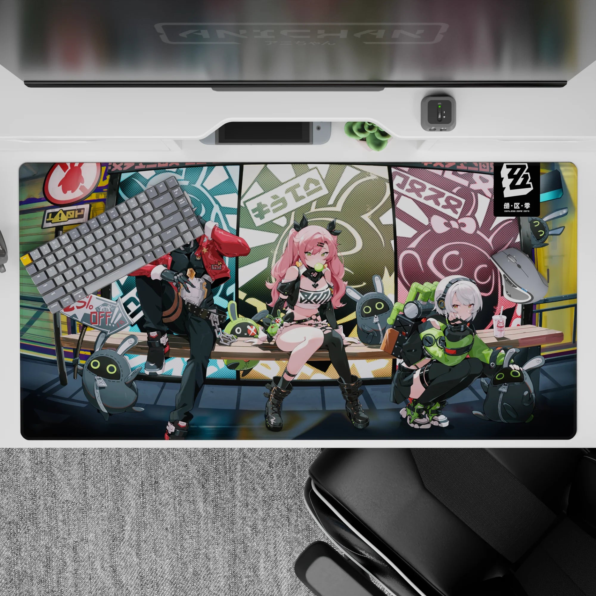 Neon street anime desk pad 40x20 inches in teal, olive, candy red with bubblegum pink hair chaos.