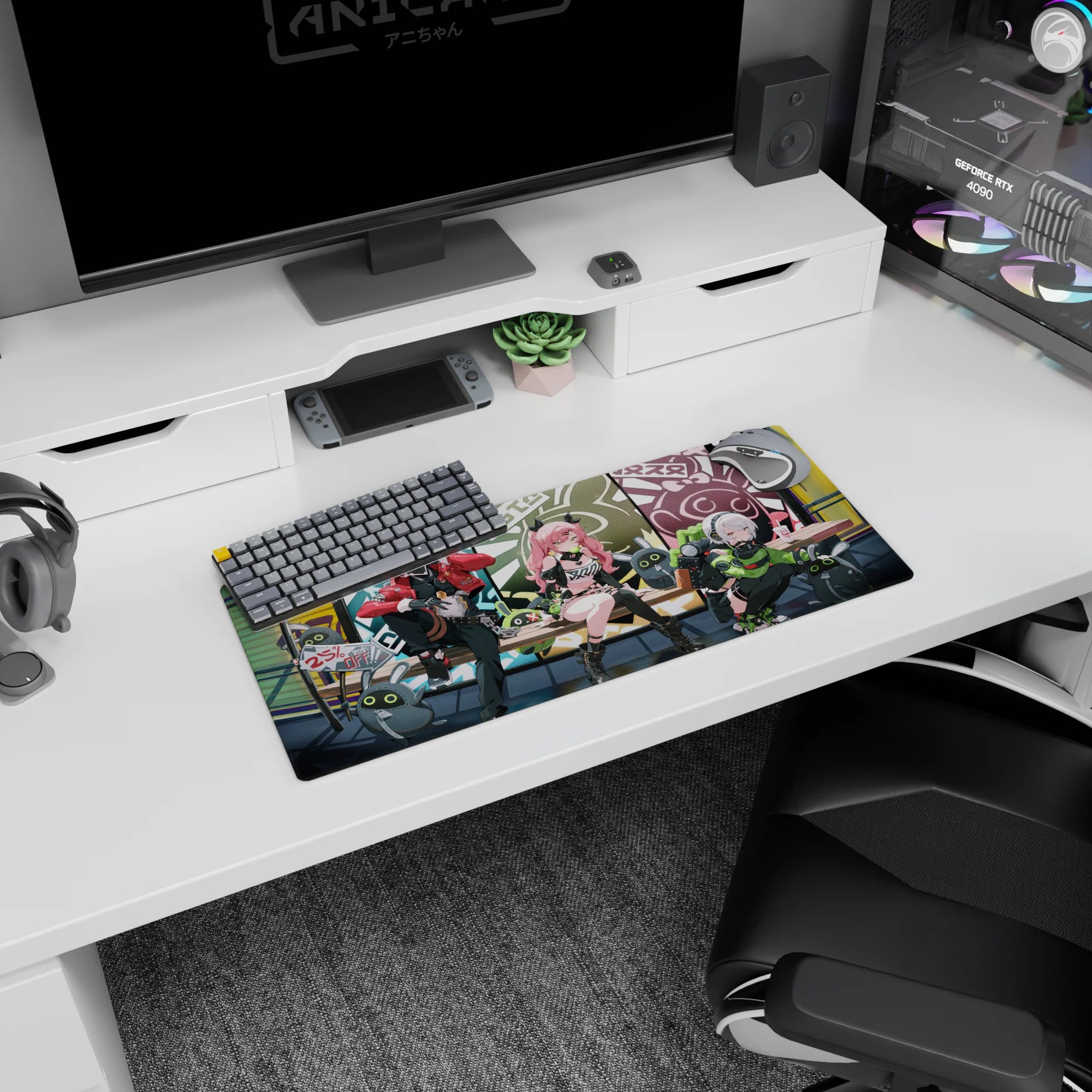 28x12 inches mouse pad featuring pink-haired horn-clip girl with boots, plus masked rebel and tech girl.