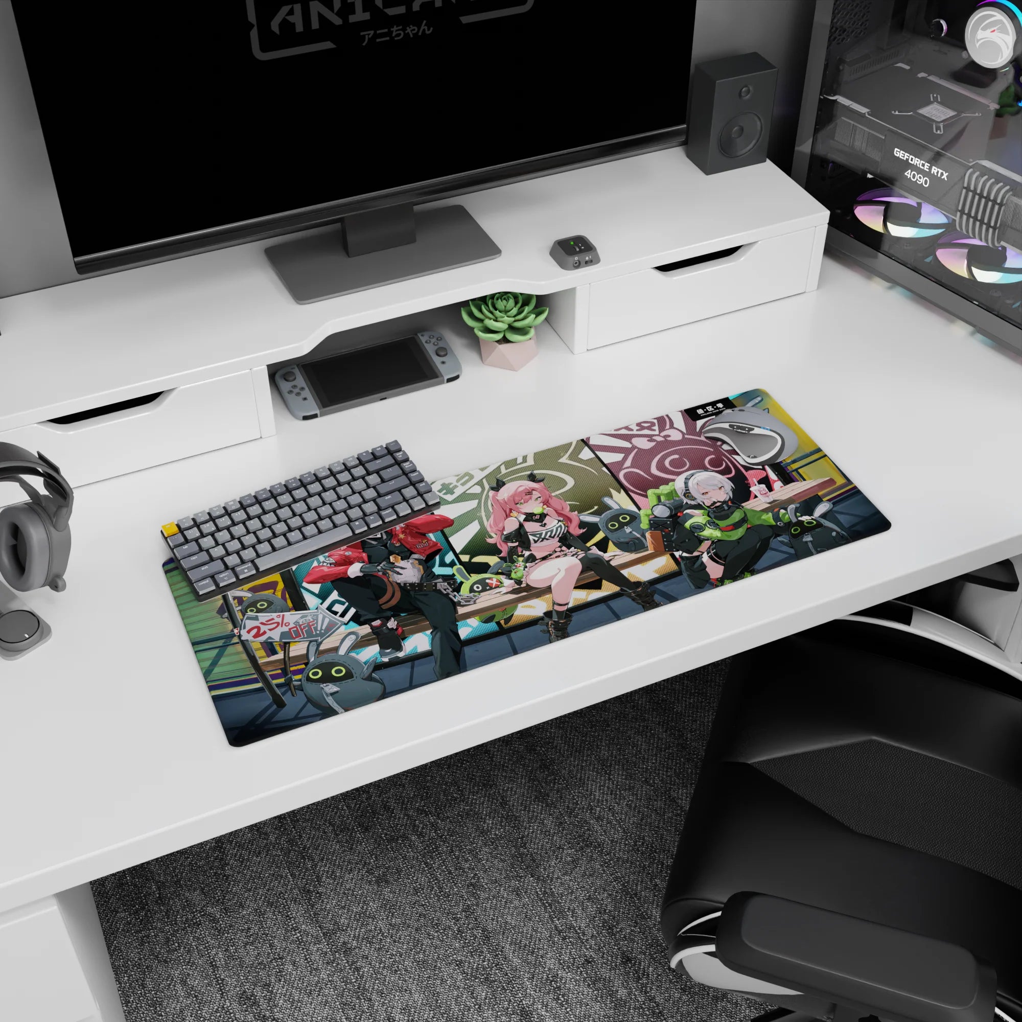 32x12 inches anime girl mouse pad with pink-haired horn clips, masked rebel, and tech girl lounging.