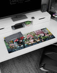 32x12 inches anime girl mouse pad with pink-haired horn clips, masked rebel, and tech girl lounging.