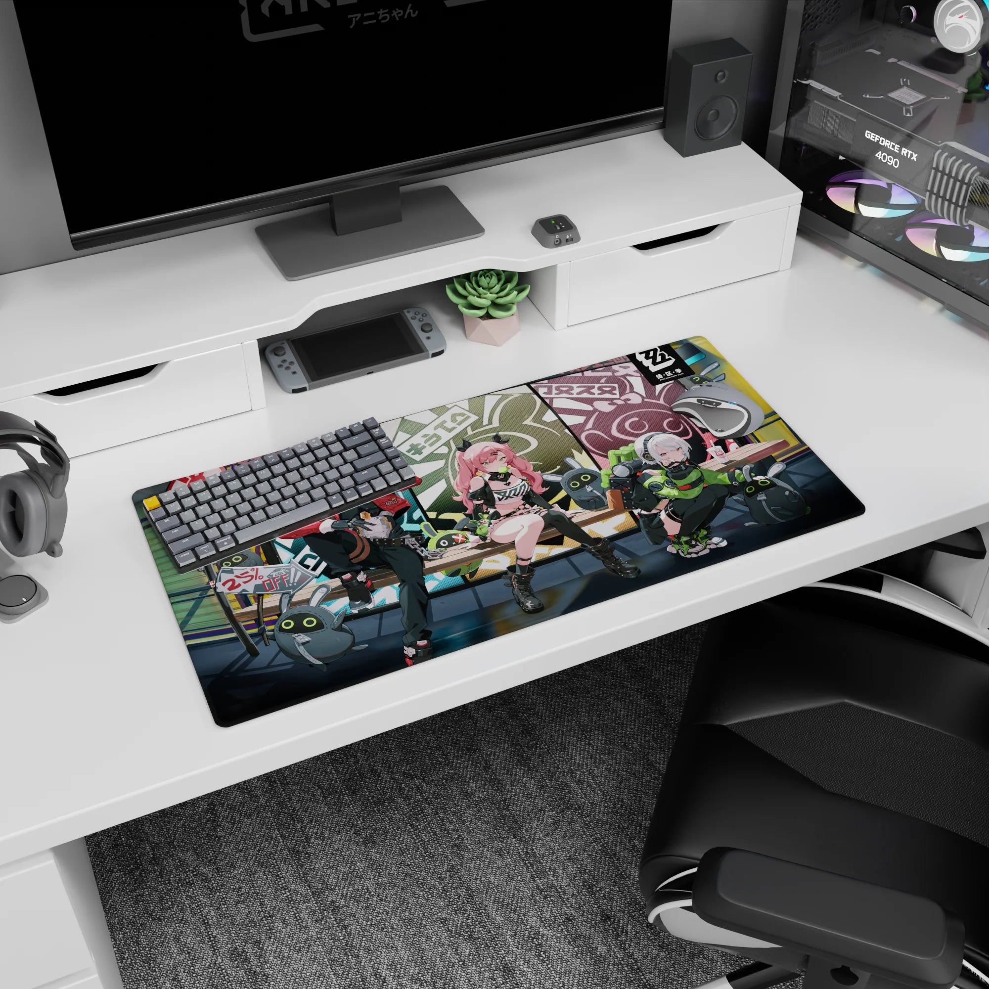 32x16 inches mouse pad with pink-haired horn-clip anime girl, masked rebel, and silver tech girl on a bench.