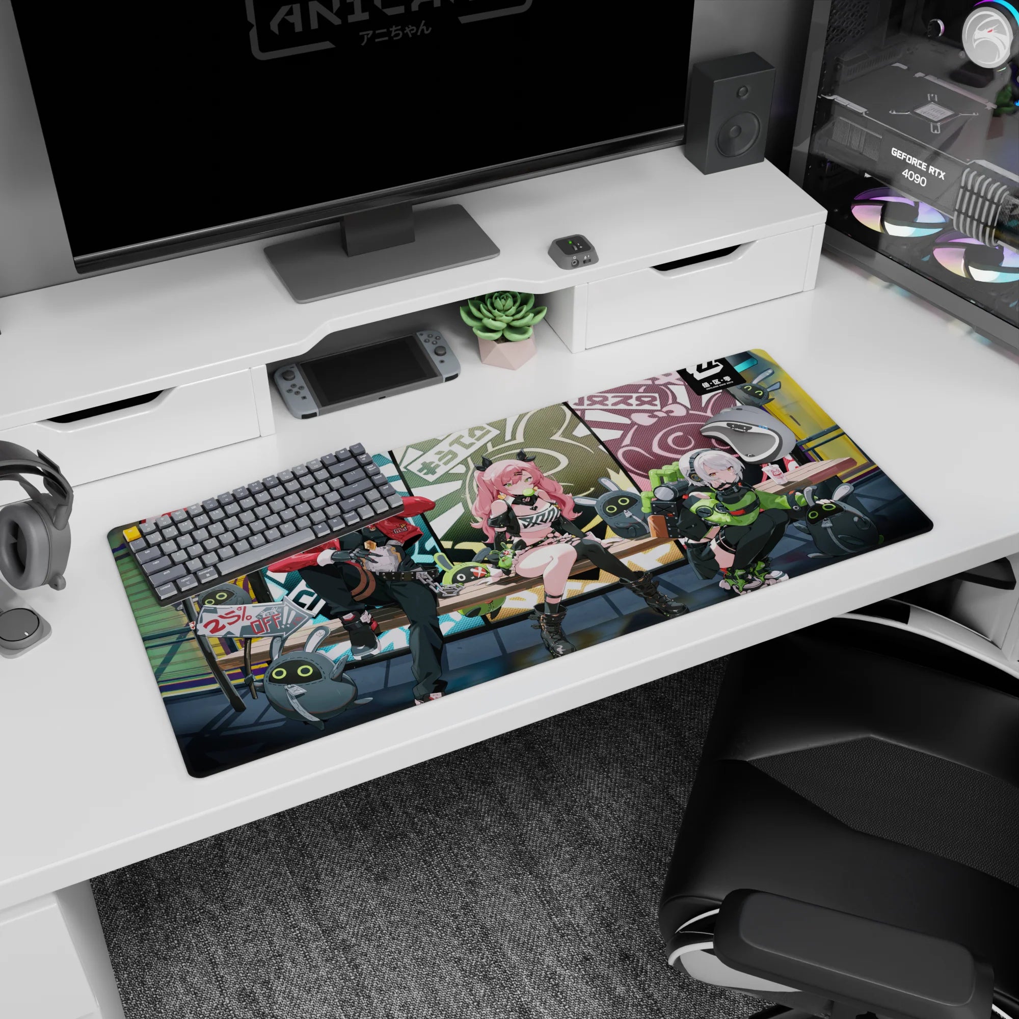 36x16 inches desk pad featuring pink-haired horn-clip anime girl with chunky boots beside masked rebel.