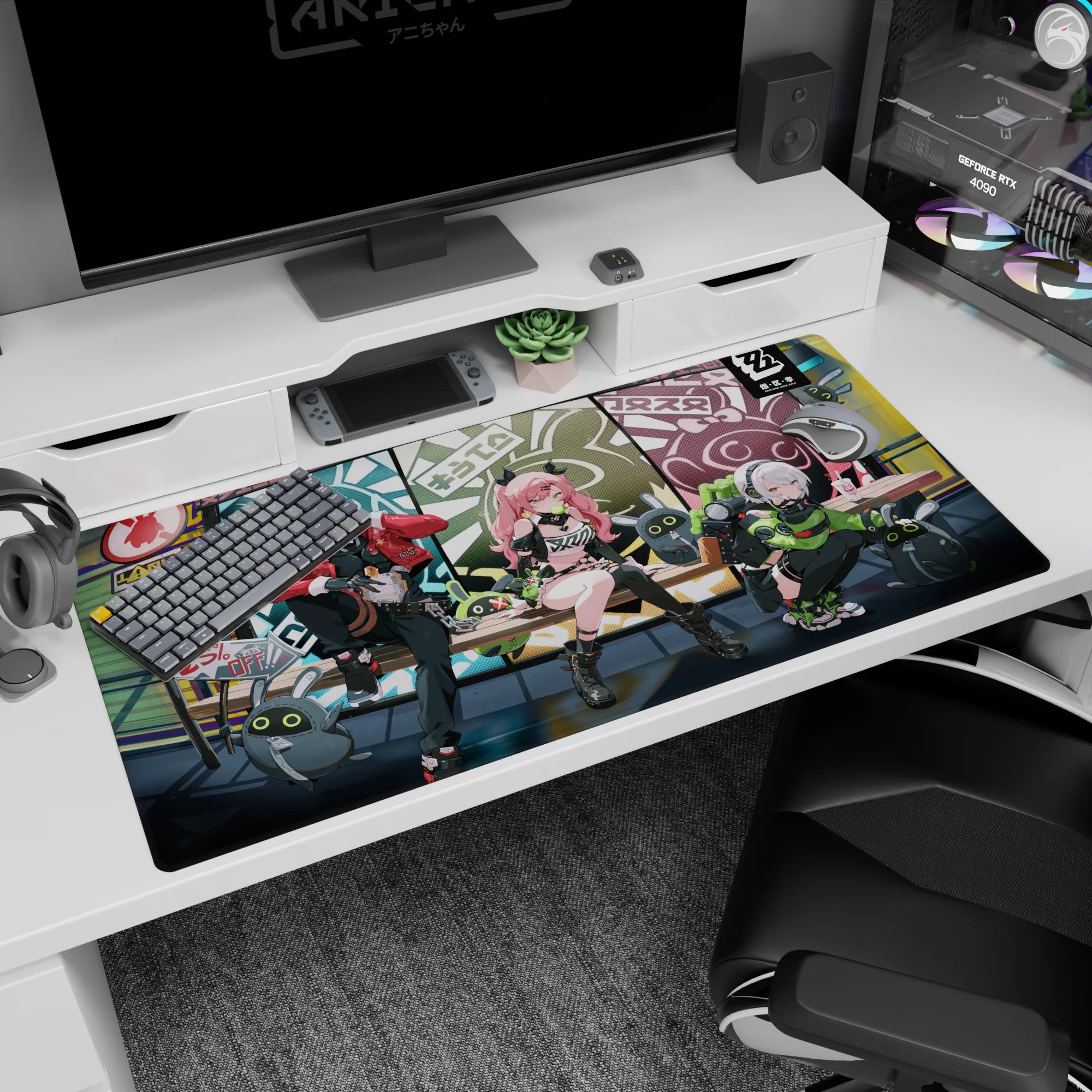 Anime desk pad 40x20 inches featuring pink-haired girl with horn clips, plus masked rebel and tech girl.