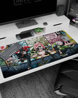 Anime desk pad 40x20 inches featuring pink-haired girl with horn clips, plus masked rebel and tech girl.