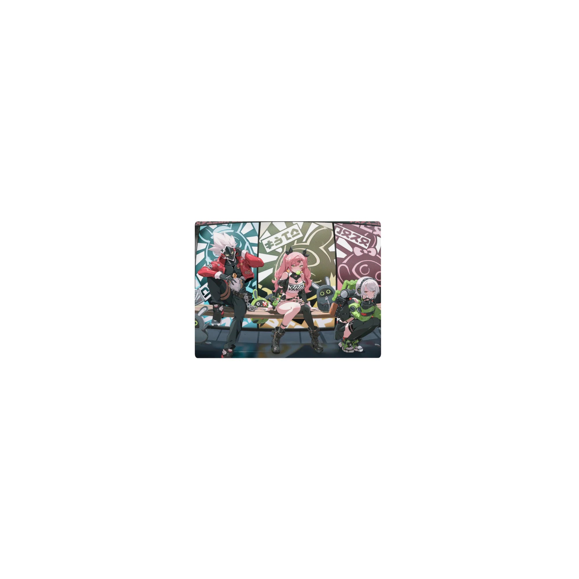 14x10 inches classic anime girl mouse pad with neon comic panels, trio on a bench, bunny bots, graffiti.