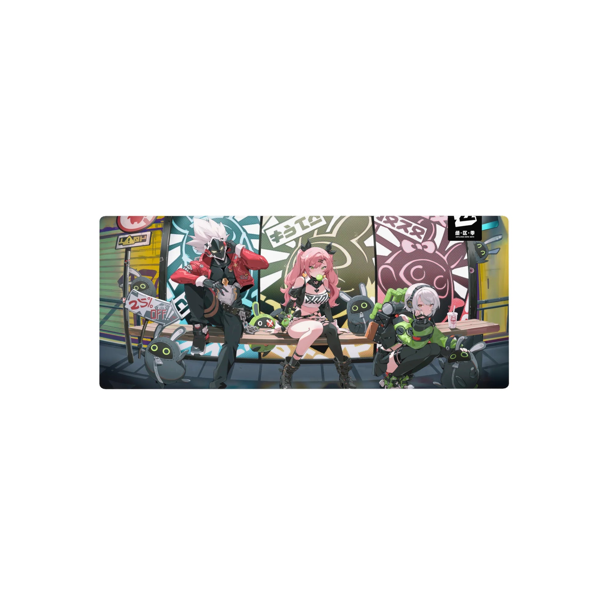 28x12 inches anime girl mouse pad with comic panels, bunny bots, and three edgy girls on a bench.
