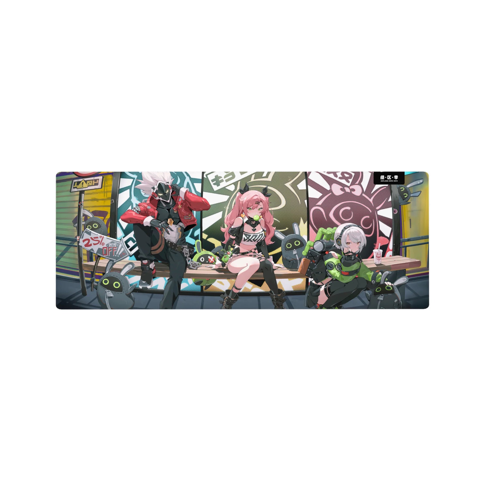 32x12 inches anime girl mouse pad with comic panels, bunny bots, graffiti, and trio bench scene.