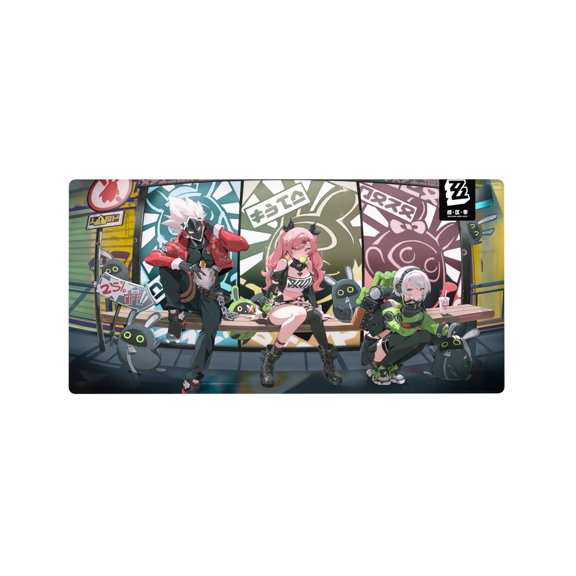 32x16 inches anime girl mouse pad with comic panels, bunny bots, graffiti signs, and bench trio art.