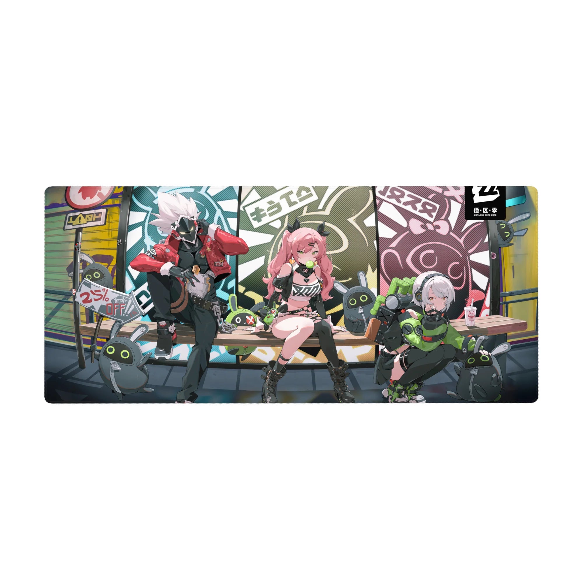 36x16 inches anime girl desk pad with neon street comic panels, trio on a bench, bunny bots and graffiti.