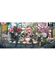 36x16 inches anime girl desk pad with neon street comic panels, trio on a bench, bunny bots and graffiti.