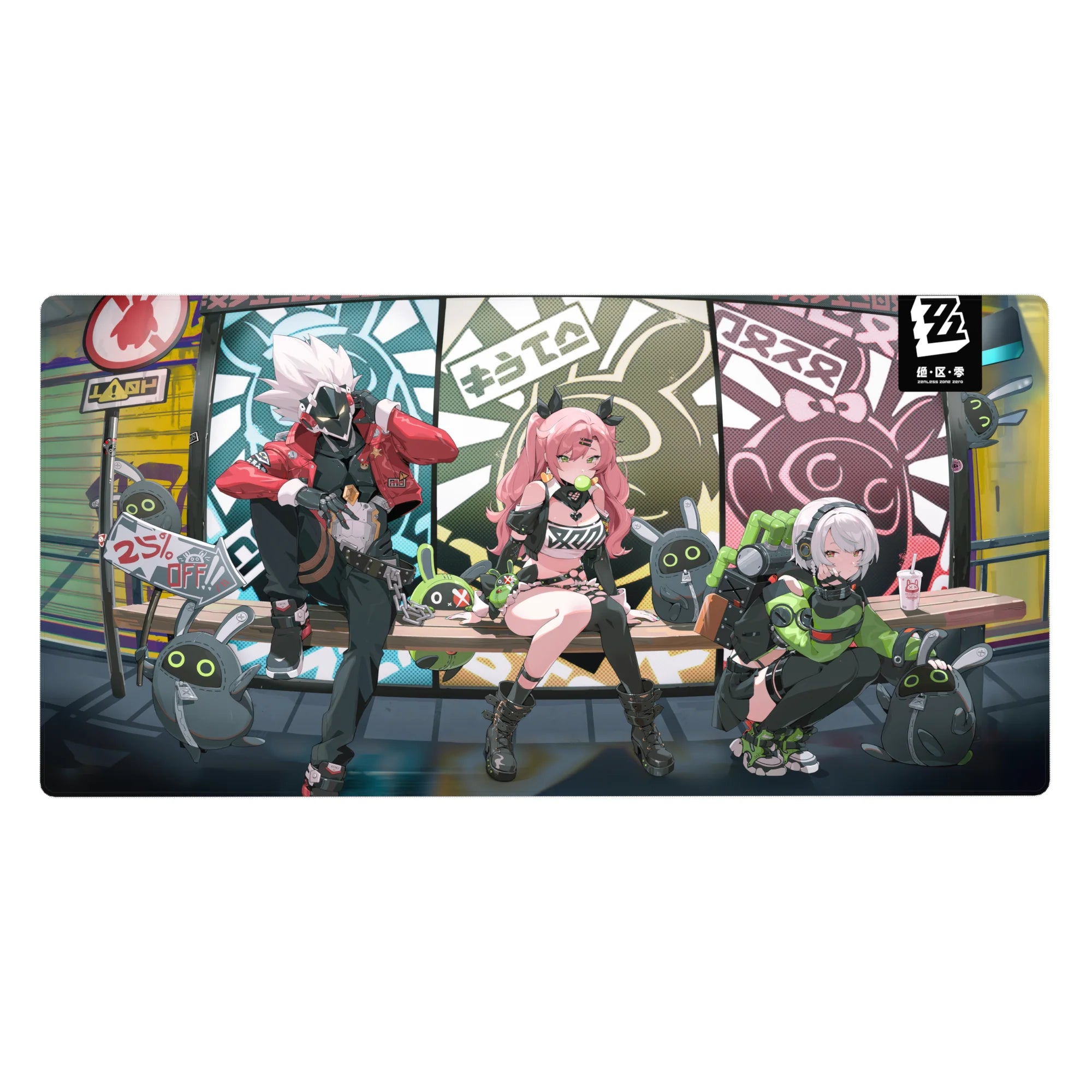 Anime girl desk pad 40x20 inches with trio on bench, comic panels, bunny bots and graffiti accents.