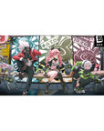 Anime girl desk pad 40x20 inches with trio on bench, comic panels, bunny bots and graffiti accents.