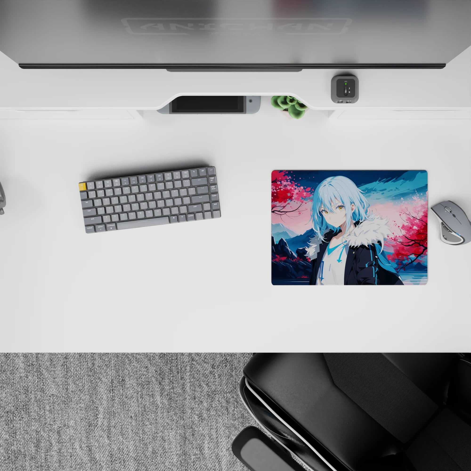 14x10 inches anime mouse pad in dreamy pink sakura and cool icy blues, calm serene vibe for desks.