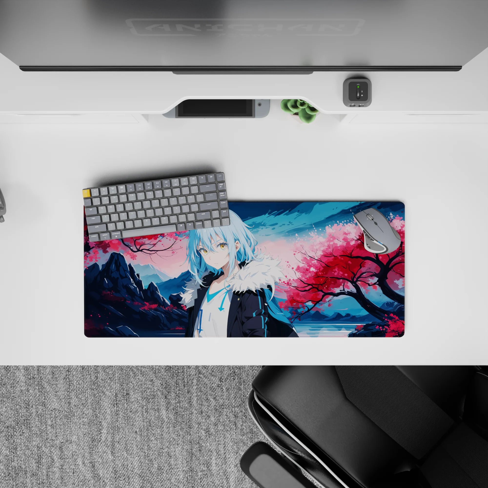 28x12 inches anime mouse pad in pink sakura and cool icy blues, calm dreamy vibe.