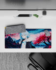 28x12 inches anime mouse pad in pink sakura and cool icy blues, calm dreamy vibe.