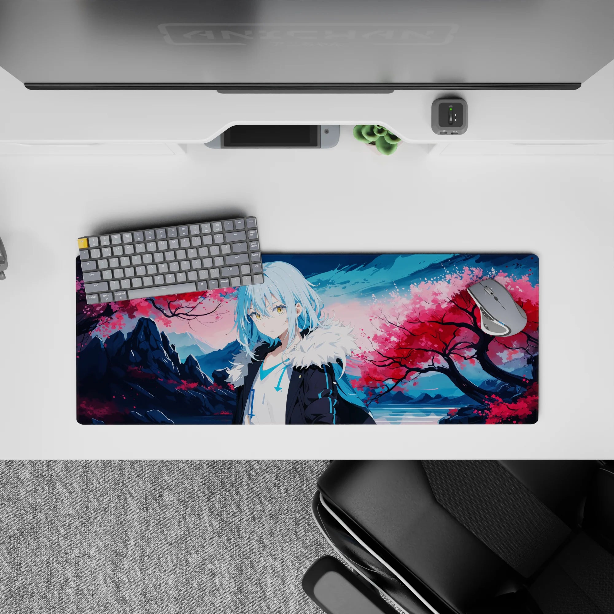 32x12 inches anime desk mat in dreamy pink blossoms and icy blue tones, calm serene vibe.