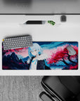 32x12 inches anime desk mat in dreamy pink blossoms and icy blue tones, calm serene vibe.
