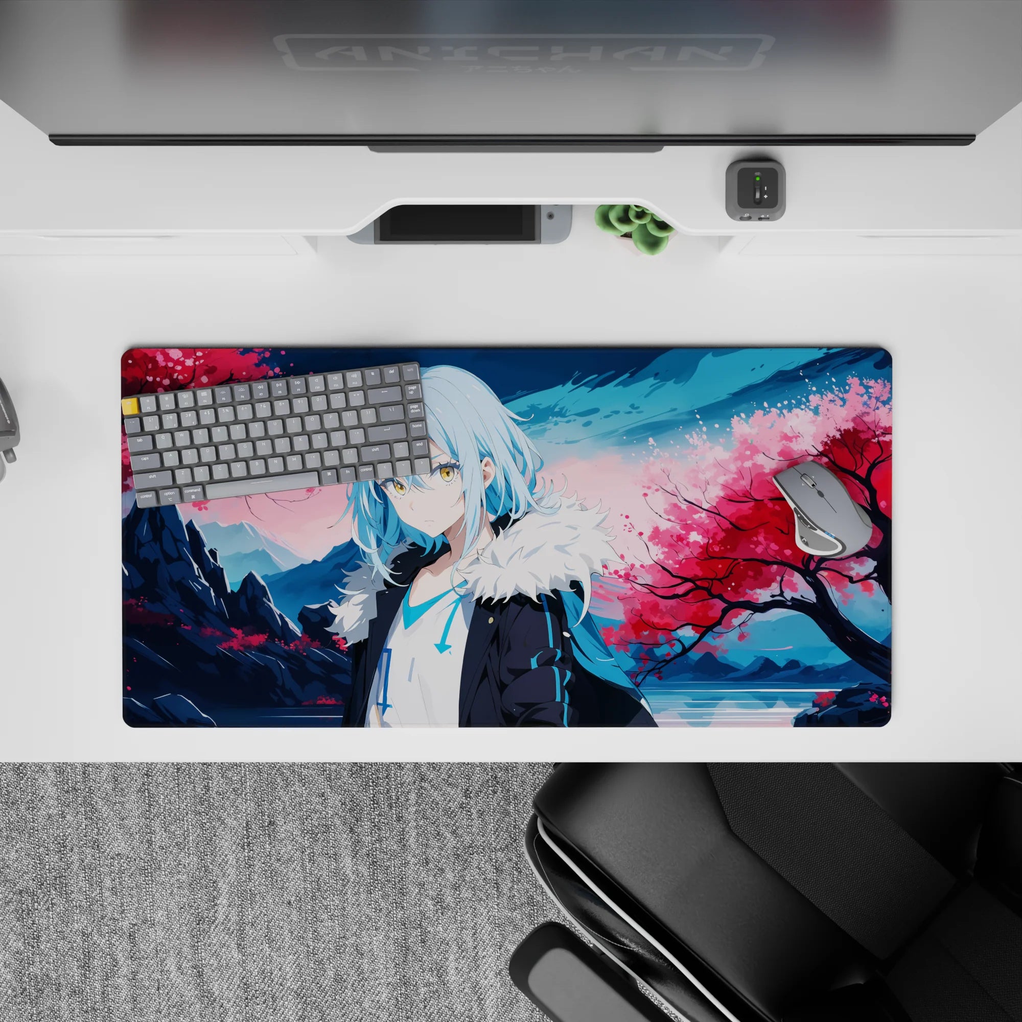 32x16 inches anime mouse pad in dreamy pink blossoms and icy blue tones, serene and addictive vibe.